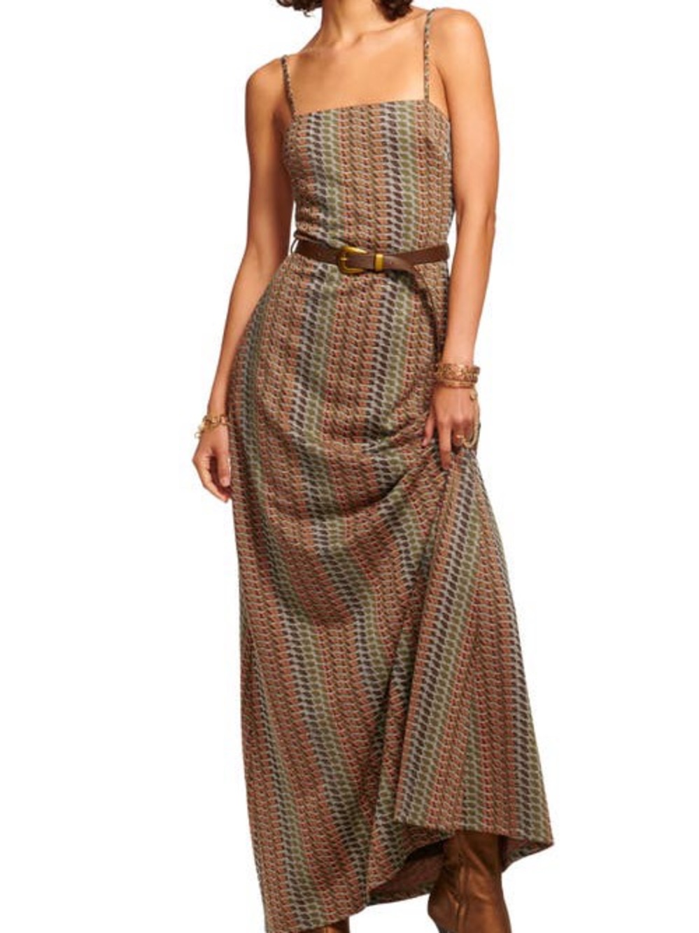 Ramy Brook Strappy Maxi Dress in Multi Brown and Olive Print